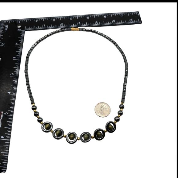 Vintage Hematite Tiger Eye Bead Necklace Gold Tone Accents 16" Choker Jewelry - Picture 4 of 7